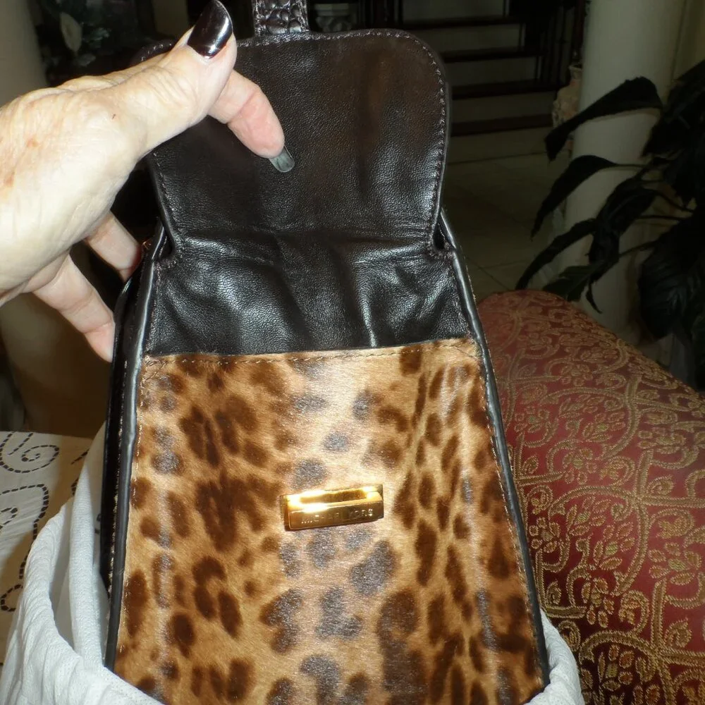New Michaek Kors Collection Brown Leopard Calf Hair/Croc Print Leather Bag - Picture 5 of 16